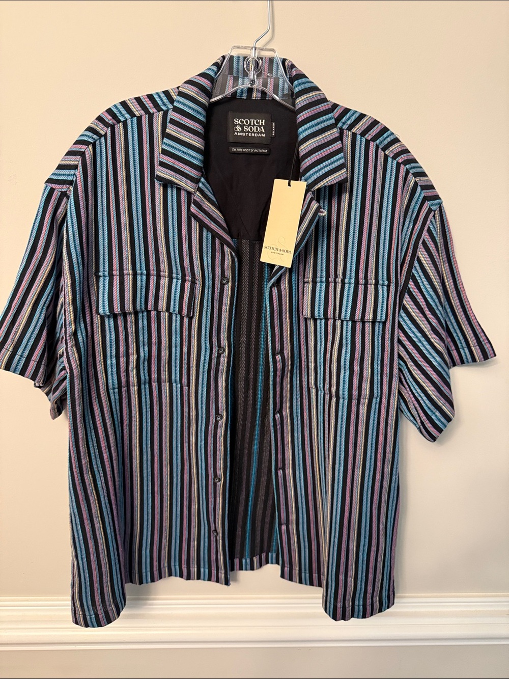 Scotch & Soda Vertical Striped Short Sleeve Shirt - Black, Blue & Purple